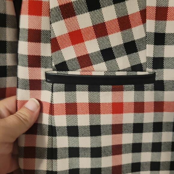 Karl Lagerfeld Paris Plaid‎ Double Breasted Plaid Blazer Womens 14 Leather Trim - Picture 4 of 8